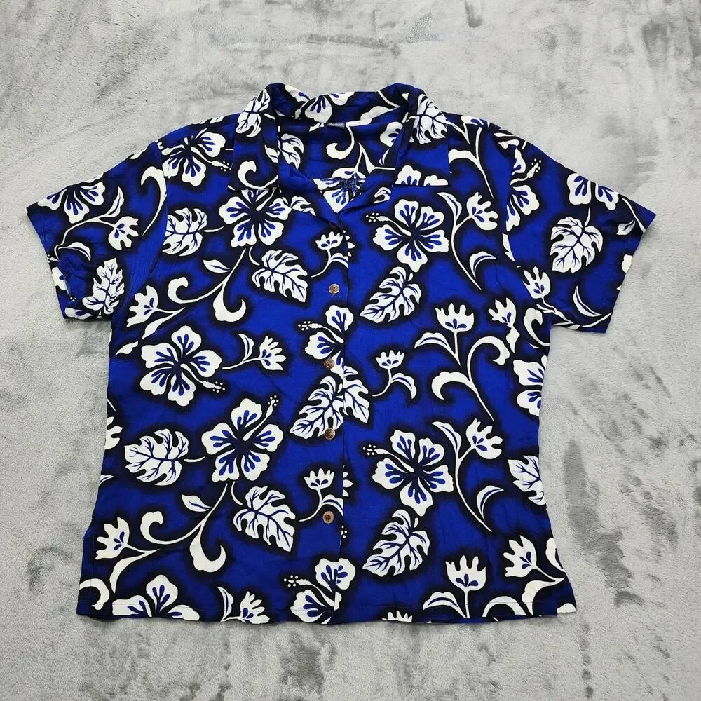 Vintage 90s Hibiscus Collection Shirt Womens L Blue White Floral Hawaiian Casual